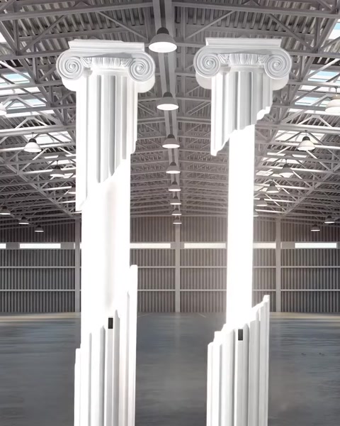 LED ışıklı iki dekoratif sütunun tamamlanmış görünümü sergileniyor