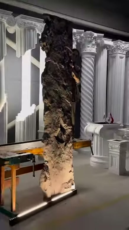 Uzun dekoratif panelin kayalık çıkıntıları sütun örnekleri arasında görülüyor