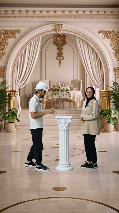 Klasik başlıklı sütun, gösterişli davet salonunun merkezinde sunuluyor.