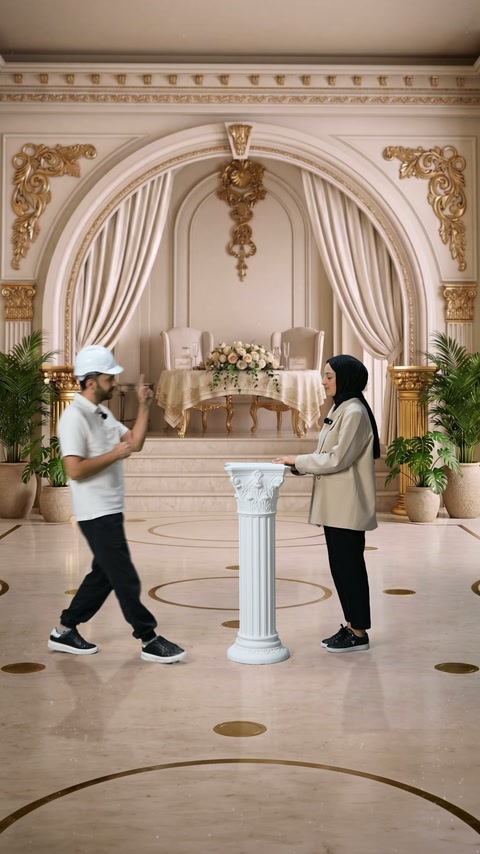 Erkek sunucu, dekoratif kemerlerin önündeki sütunu eliyle işaret ediyor.