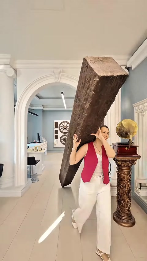 Dekoratif kiriş, beyaz kemerli showroom içinde yatay biçimde sergileniyor.