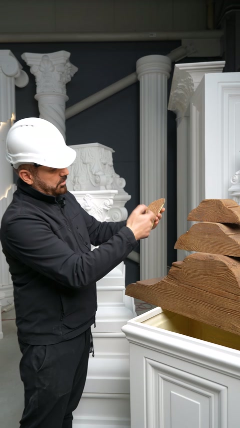 Küçük kahverengi numune, büyük profil parçalarının önünde elde inceleniyor.