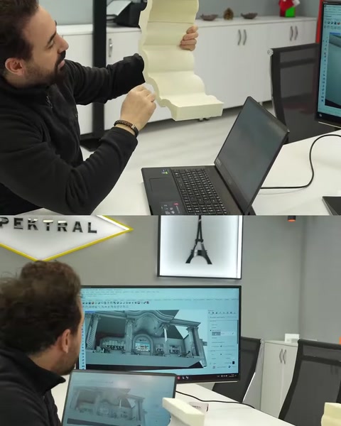 Dekoratif sütun maketi taranırken bilgisayarda üç boyutlu model hazırlanıyor
