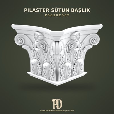 Yüksek Yoğunluklu Akant Yapraklı Poliüretan Pilaster Sütun Başlığı 34x68 cm