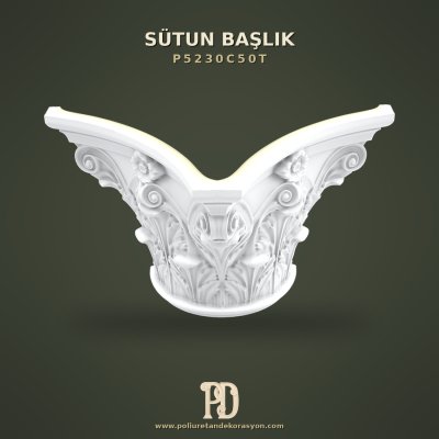 Poliüretan Klasik Kıvrımlı Oymalı Sütun Başlığı 34x69x42 cm